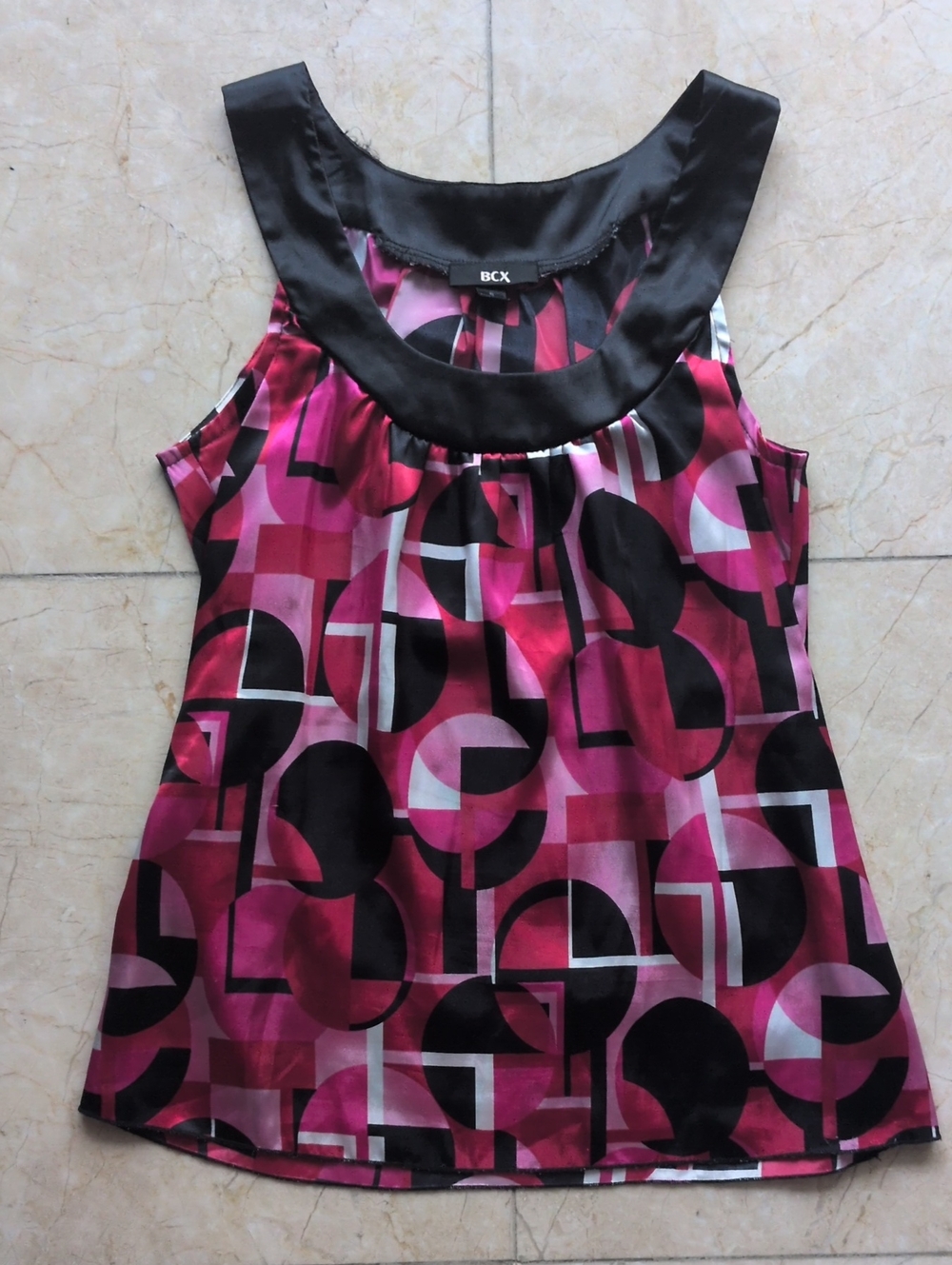 BCX Black and Pink Geometric Satin Tank